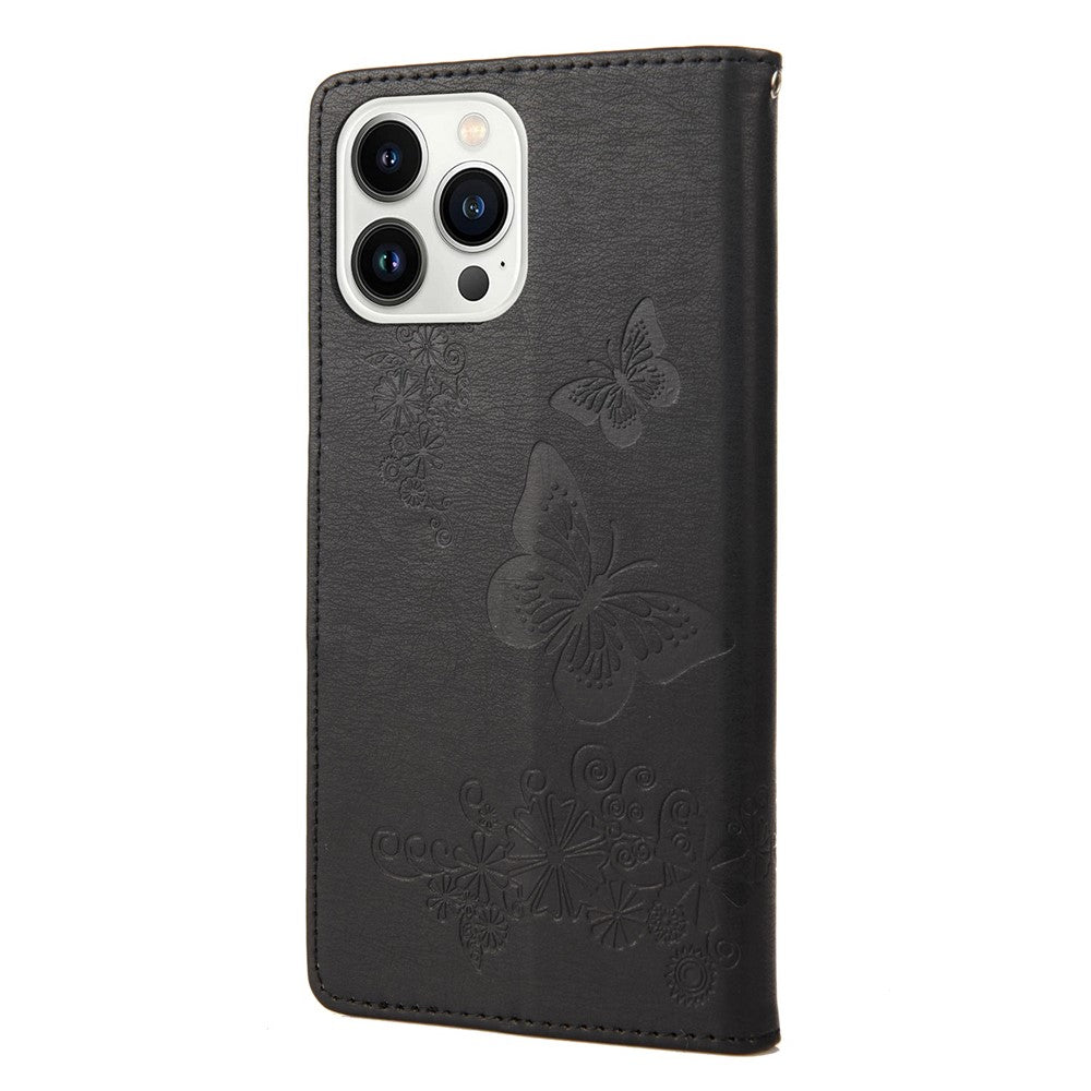 For iPhone 14 Pro Max 6.7 inch Supporting Stand PU Leather Imprinting Big Butterflies Flower Pattern Phone Cover Wallet Phone Case with Strap