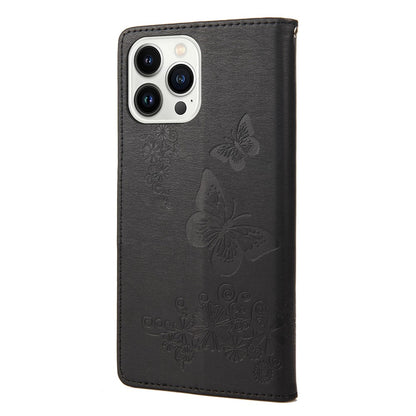For iPhone 14 Pro Max 6.7 inch Supporting Stand PU Leather Imprinting Big Butterflies Flower Pattern Phone Cover Wallet Phone Case with Strap