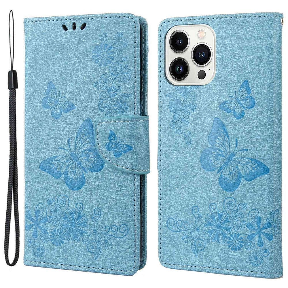 For iPhone 14 Pro Max 6.7 inch Supporting Stand PU Leather Imprinting Big Butterflies Flower Pattern Phone Cover Wallet Phone Case with Strap