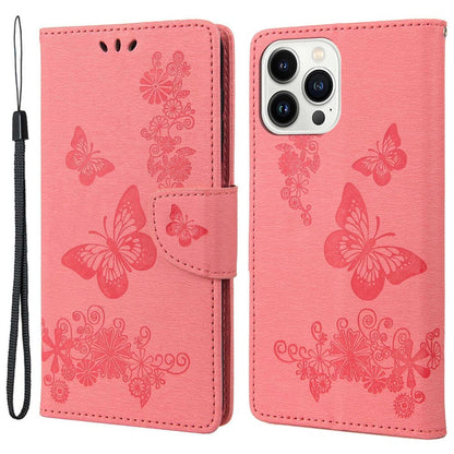 For iPhone 14 Pro Max 6.7 inch Supporting Stand PU Leather Imprinting Big Butterflies Flower Pattern Phone Cover Wallet Phone Case with Strap