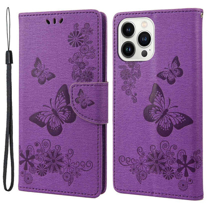 For iPhone 14 Pro Max 6.7 inch Supporting Stand PU Leather Imprinting Big Butterflies Flower Pattern Phone Cover Wallet Phone Case with Strap