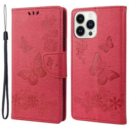 For iPhone 14 Pro Max 6.7 inch Supporting Stand PU Leather Imprinting Big Butterflies Flower Pattern Phone Cover Wallet Phone Case with Strap