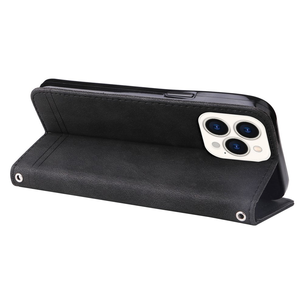 For iPhone 14 Pro Max Leather Wallet Cases Skin Touch Phone Cover Stand with Strap
