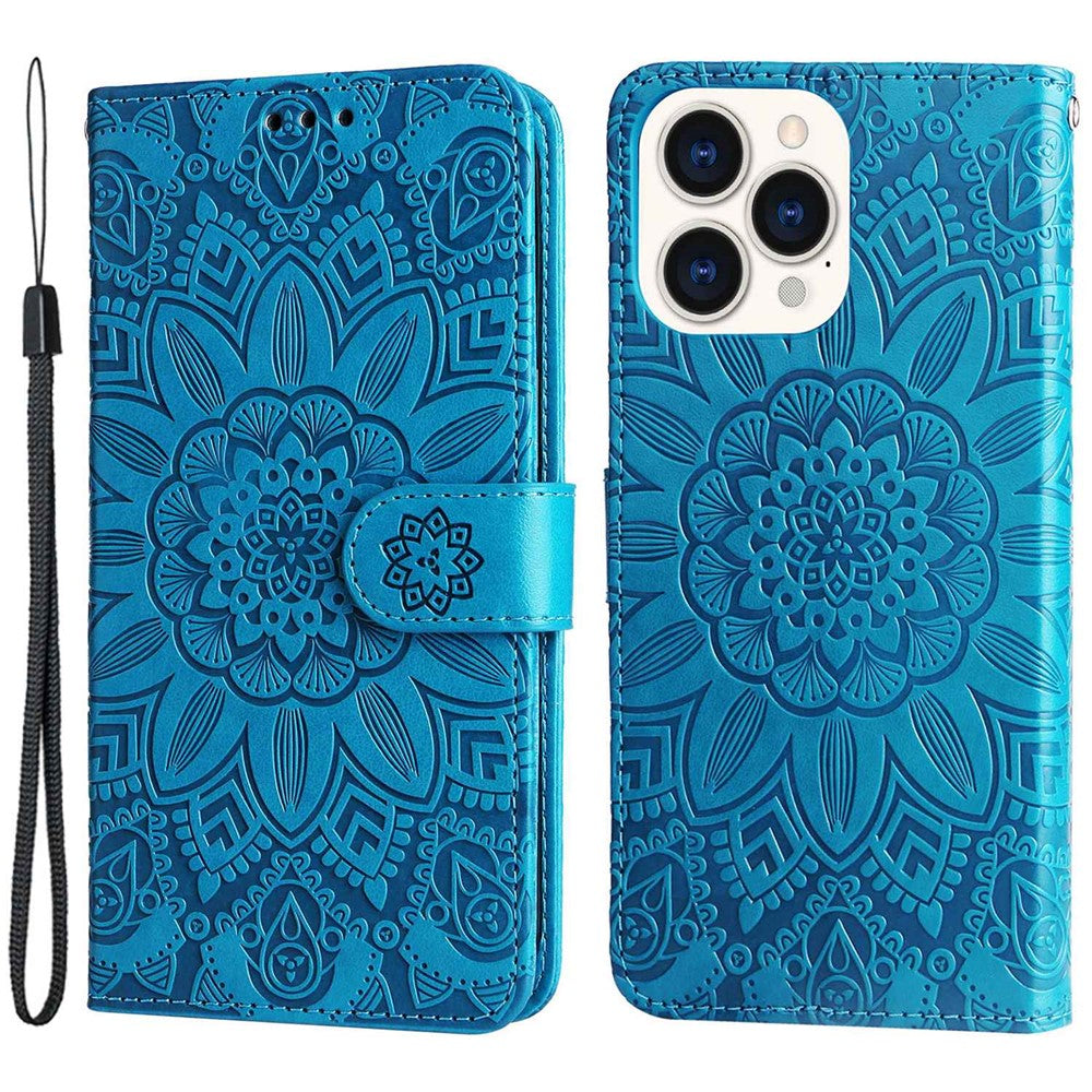 For iPhone 14 Pro Max 6.7 inch PU Leather Sunflower Imprinting Protective Case Flip Stand Wallet Mobile Phone Cover with Strap