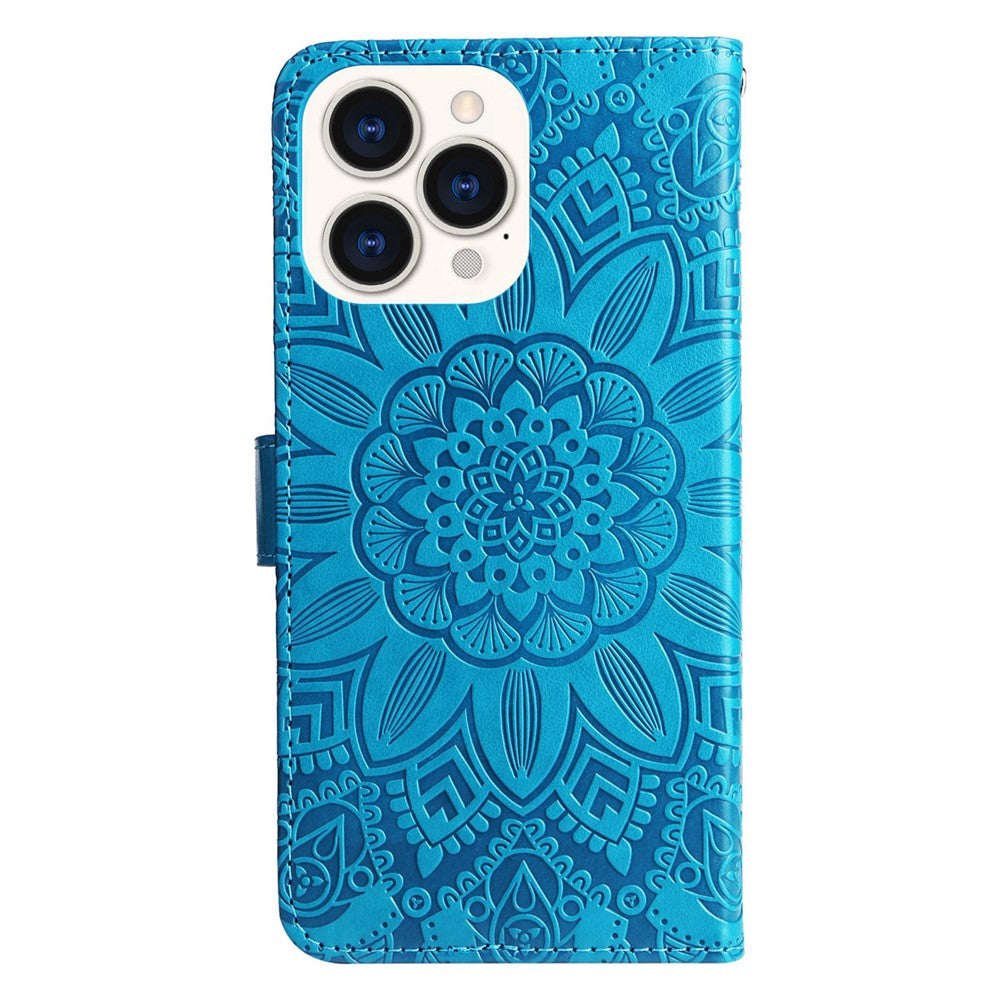 For iPhone 14 Pro Max 6.7 inch PU Leather Sunflower Imprinting Protective Case Flip Stand Wallet Mobile Phone Cover with Strap