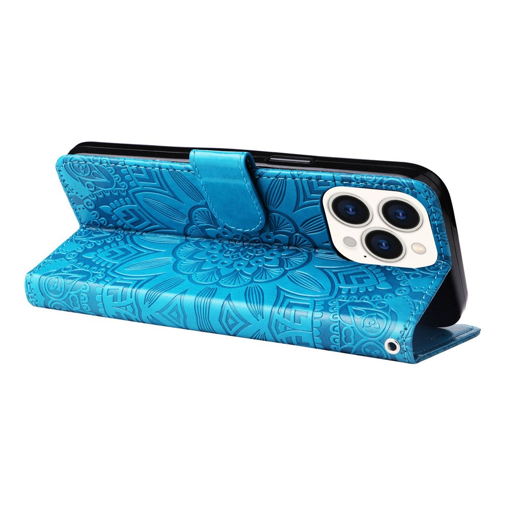 For iPhone 14 Pro Max 6.7 inch PU Leather Sunflower Imprinting Protective Case Flip Stand Wallet Mobile Phone Cover with Strap