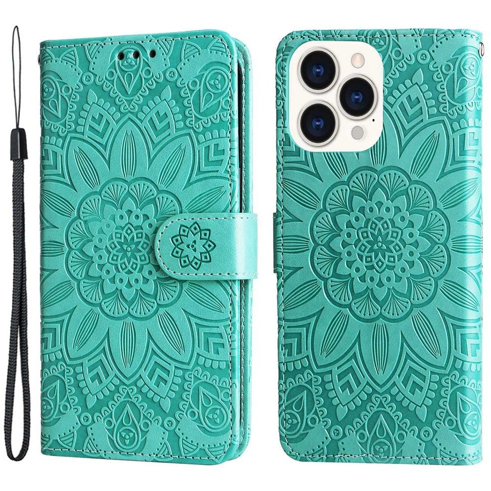 For iPhone 14 Pro Max 6.7 inch PU Leather Sunflower Imprinting Protective Case Flip Stand Wallet Mobile Phone Cover with Strap