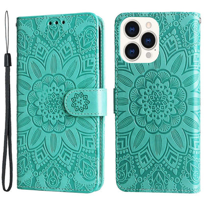 For iPhone 14 Pro Max 6.7 inch PU Leather Sunflower Imprinting Protective Case Flip Stand Wallet Mobile Phone Cover with Strap