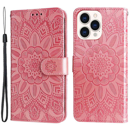 For iPhone 14 Pro Max 6.7 inch PU Leather Sunflower Imprinting Protective Case Flip Stand Wallet Mobile Phone Cover with Strap
