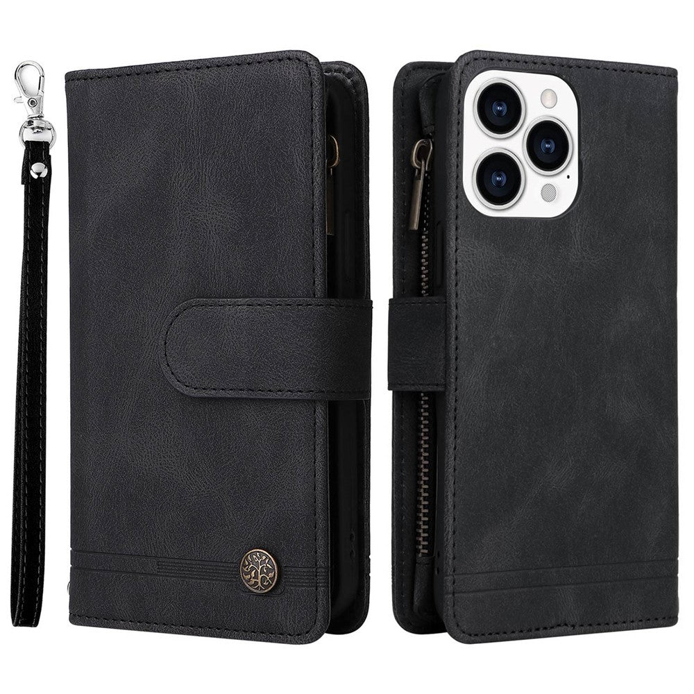 For iPhone 14 Pro Max 6.7 inch Tree Pattern Hardware Stripes Imprinted Skin-touch Wallet Stand Leather Cover Zipper Pocket Protective Case