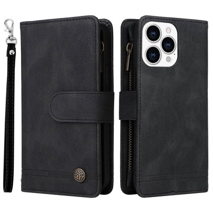 For iPhone 14 Pro Max 6.7 inch Tree Pattern Hardware Stripes Imprinted Skin-touch Wallet Stand Leather Cover Zipper Pocket Protective Case