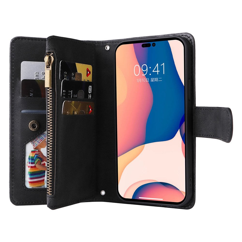 For iPhone 14 Pro Max 6.7 inch Tree Pattern Hardware Stripes Imprinted Skin-touch Wallet Stand Leather Cover Zipper Pocket Protective Case