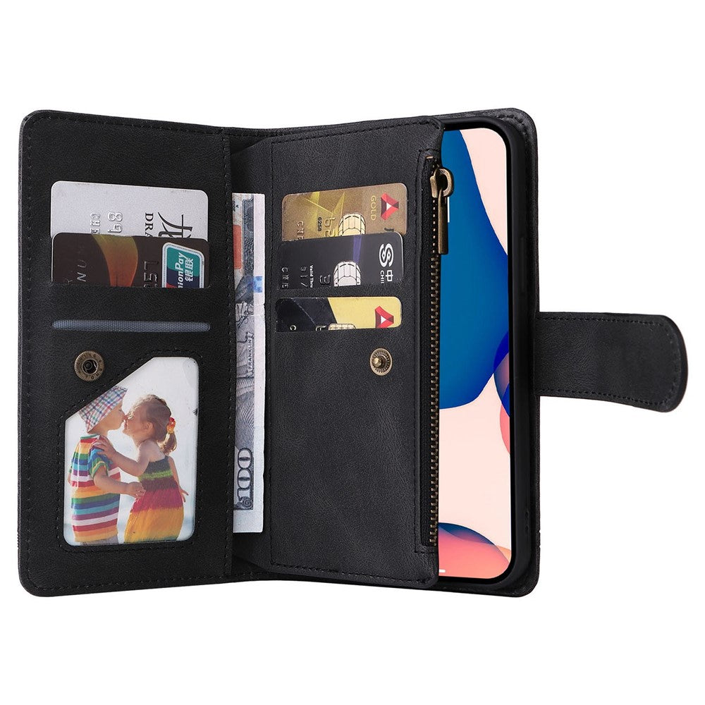 For iPhone 14 Pro Max 6.7 inch Tree Pattern Hardware Stripes Imprinted Skin-touch Wallet Stand Leather Cover Zipper Pocket Protective Case