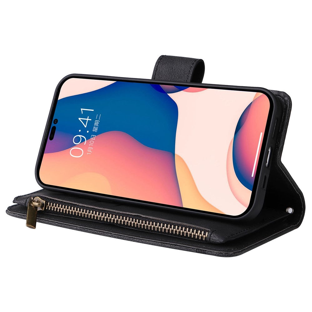 For iPhone 14 Pro Max 6.7 inch Tree Pattern Hardware Stripes Imprinted Skin-touch Wallet Stand Leather Cover Zipper Pocket Protective Case