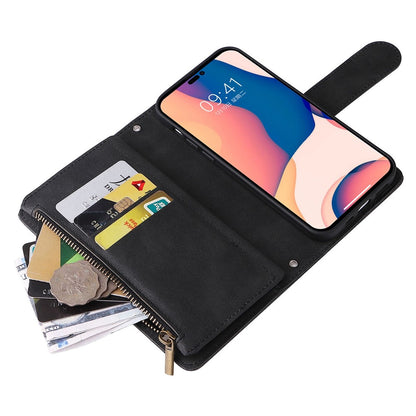 For iPhone 14 Pro Max 6.7 inch Tree Pattern Hardware Stripes Imprinted Skin-touch Wallet Stand Leather Cover Zipper Pocket Protective Case