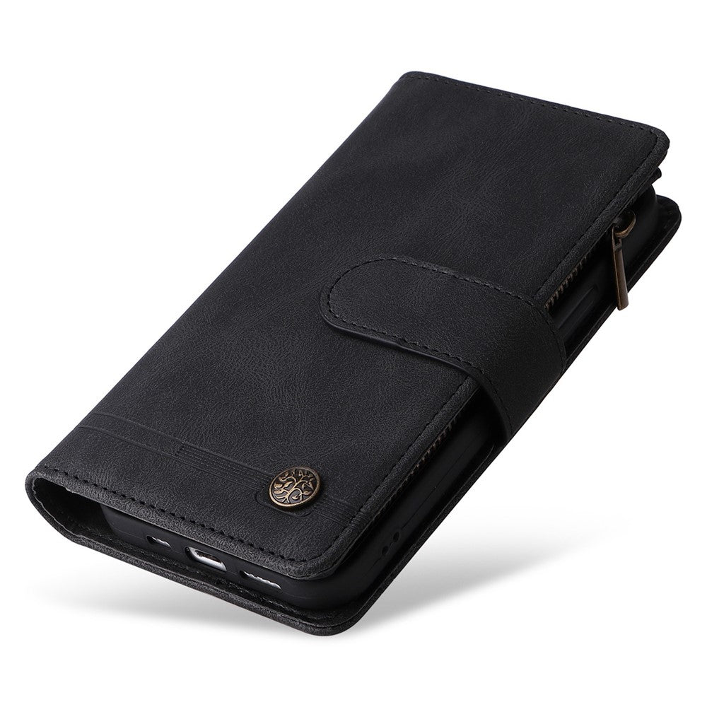For iPhone 14 Pro Max 6.7 inch Tree Pattern Hardware Stripes Imprinted Skin-touch Wallet Stand Leather Cover Zipper Pocket Protective Case