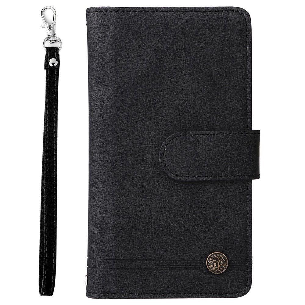 For iPhone 14 Pro Max 6.7 inch Tree Pattern Hardware Stripes Imprinted Skin-touch Wallet Stand Leather Cover Zipper Pocket Protective Case