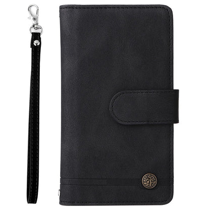 For iPhone 14 Pro Max 6.7 inch Tree Pattern Hardware Stripes Imprinted Skin-touch Wallet Stand Leather Cover Zipper Pocket Protective Case