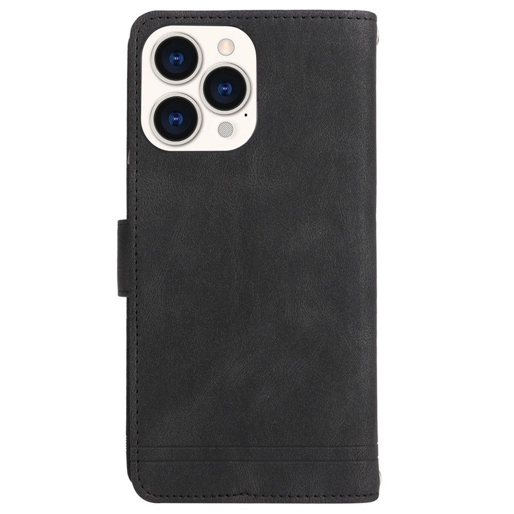 For iPhone 14 Pro Max 6.7 inch Tree Pattern Hardware Stripes Imprinted Skin-touch Wallet Stand Leather Cover Zipper Pocket Protective Case