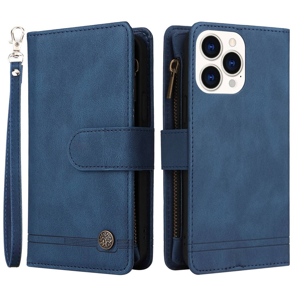 For iPhone 14 Pro Max 6.7 inch Tree Pattern Hardware Stripes Imprinted Skin-touch Wallet Stand Leather Cover Zipper Pocket Protective Case
