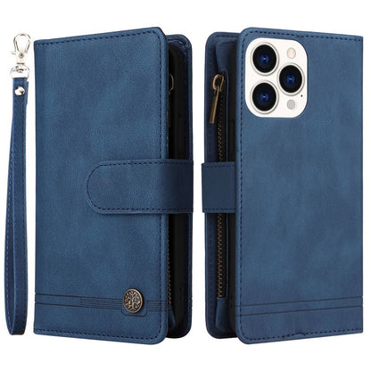 For iPhone 14 Pro Max 6.7 inch Tree Pattern Hardware Stripes Imprinted Skin-touch Wallet Stand Leather Cover Zipper Pocket Protective Case