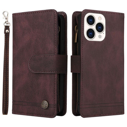 For iPhone 14 Pro Max 6.7 inch Tree Pattern Hardware Stripes Imprinted Skin-touch Wallet Stand Leather Cover Zipper Pocket Protective Case
