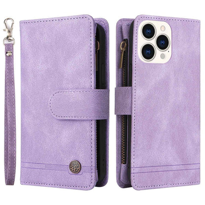 For iPhone 14 Pro Max 6.7 inch Tree Pattern Hardware Stripes Imprinted Skin-touch Wallet Stand Leather Cover Zipper Pocket Protective Case