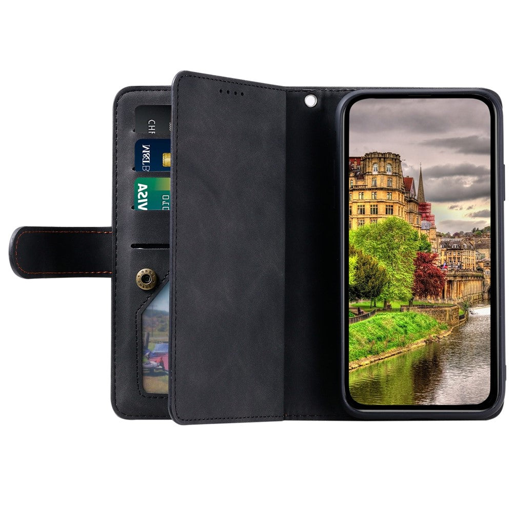 For iPhone 14 Plus Zipper Pocket Design 9 Card Slots Shockproof PU Leather Case Magnetic Closure Stand Wallet Cover with Strap