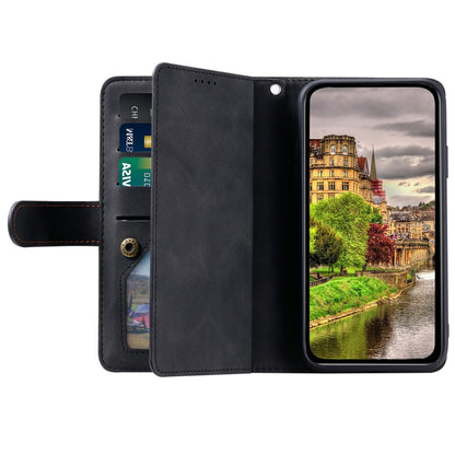 For iPhone 14 Plus Zipper Pocket Design 9 Card Slots Shockproof PU Leather Case Magnetic Closure Stand Wallet Cover with Strap