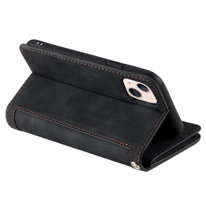 For iPhone 14 Plus Zipper Pocket Design 9 Card Slots Shockproof PU Leather Case Magnetic Closure Stand Wallet Cover with Strap