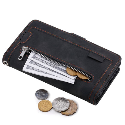 For iPhone 14 Plus Zipper Pocket Design 9 Card Slots Shockproof PU Leather Case Magnetic Closure Stand Wallet Cover with Strap