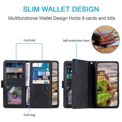 For iPhone 14 Plus Zipper Pocket Design 9 Card Slots Shockproof PU Leather Case Magnetic Closure Stand Wallet Cover with Strap