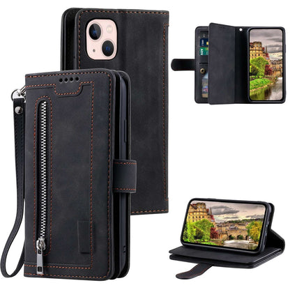 For iPhone 14 Plus Zipper Pocket Design 9 Card Slots Shockproof PU Leather Case Magnetic Closure Stand Wallet Cover with Strap