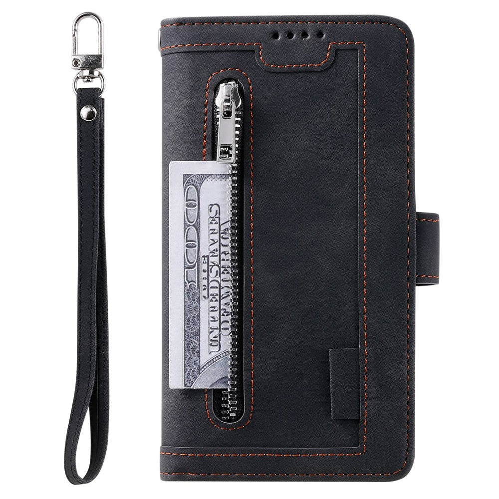 For iPhone 14 Plus Zipper Pocket Design 9 Card Slots Shockproof PU Leather Case Magnetic Closure Stand Wallet Cover with Strap