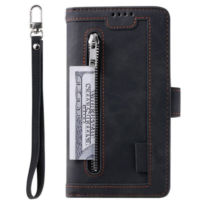 For iPhone 14 Plus Zipper Pocket Design 9 Card Slots Shockproof PU Leather Case Magnetic Closure Stand Wallet Cover with Strap