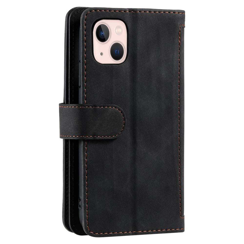 For iPhone 14 Plus Zipper Pocket Design 9 Card Slots Shockproof PU Leather Case Magnetic Closure Stand Wallet Cover with Strap