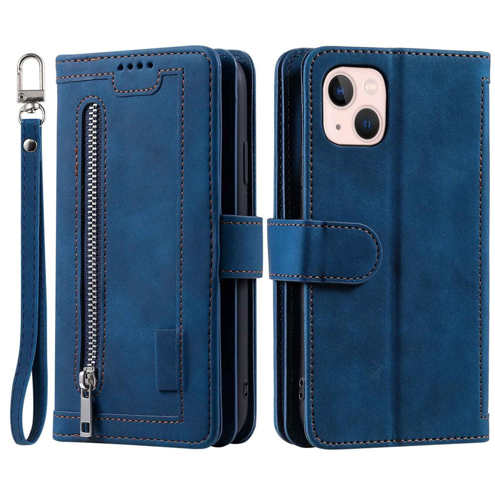 For iPhone 14 Plus Zipper Pocket Design 9 Card Slots Shockproof PU Leather Case Magnetic Closure Stand Wallet Cover with Strap