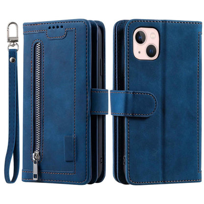For iPhone 14 Plus Zipper Pocket Design 9 Card Slots Shockproof PU Leather Case Magnetic Closure Stand Wallet Cover with Strap
