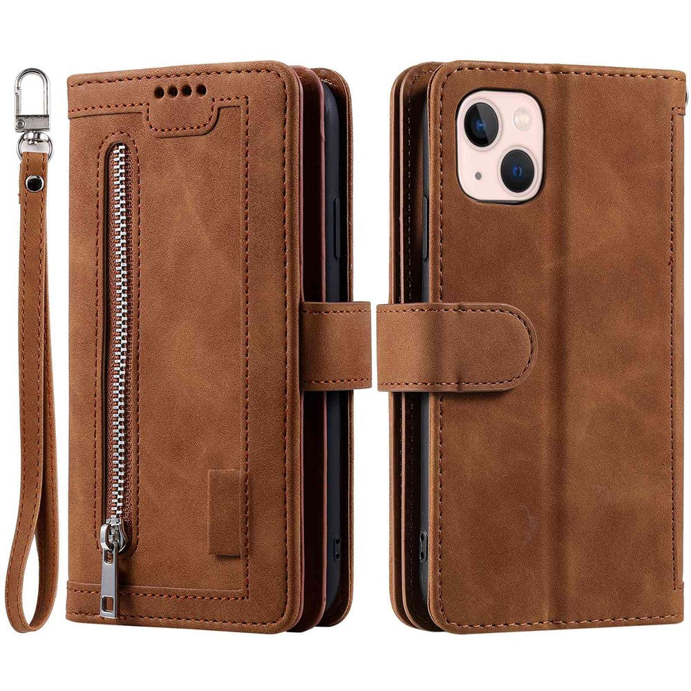 For iPhone 14 Plus Zipper Pocket Design 9 Card Slots Shockproof PU Leather Case Magnetic Closure Stand Wallet Cover with Strap