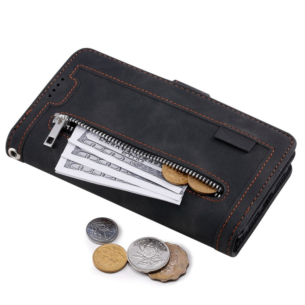 For iPhone 14 6.1 inch Zipper Pocket Design 9 Card Slots PU Leather Case Magnetic Closure Stand Wallet Cover with Strap