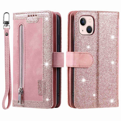 For iPhone 14 6.1 inch Zipper Pocket Design 9 Card Slots PU Leather Case Magnetic Closure Stand Wallet Cover with Strap