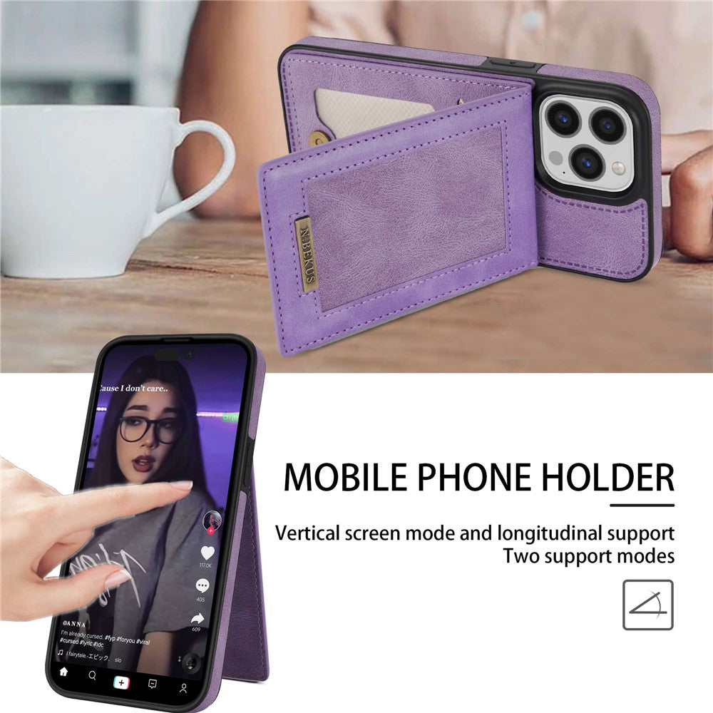 N.BEKUS For iPhone 14 Pro Max 6.7 inch Cell Phone Shell RFID Blocking Vertical Card Holder Kickstand PU Leather+TPU Phone Case