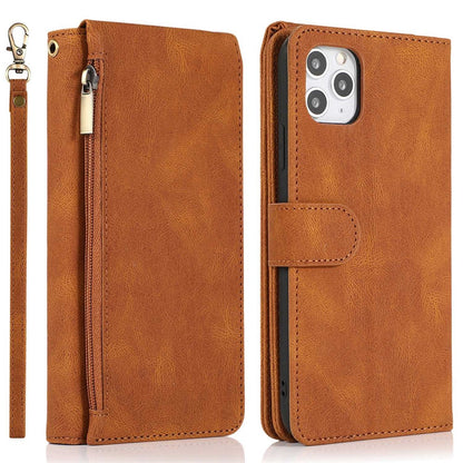 For iPhone 14 Pro Max 6.7 inch Outer Zipper Pocket Skin-touch Leather Case Wallet Stand Multiple Card Slots Phone Cover with Hand Strap
