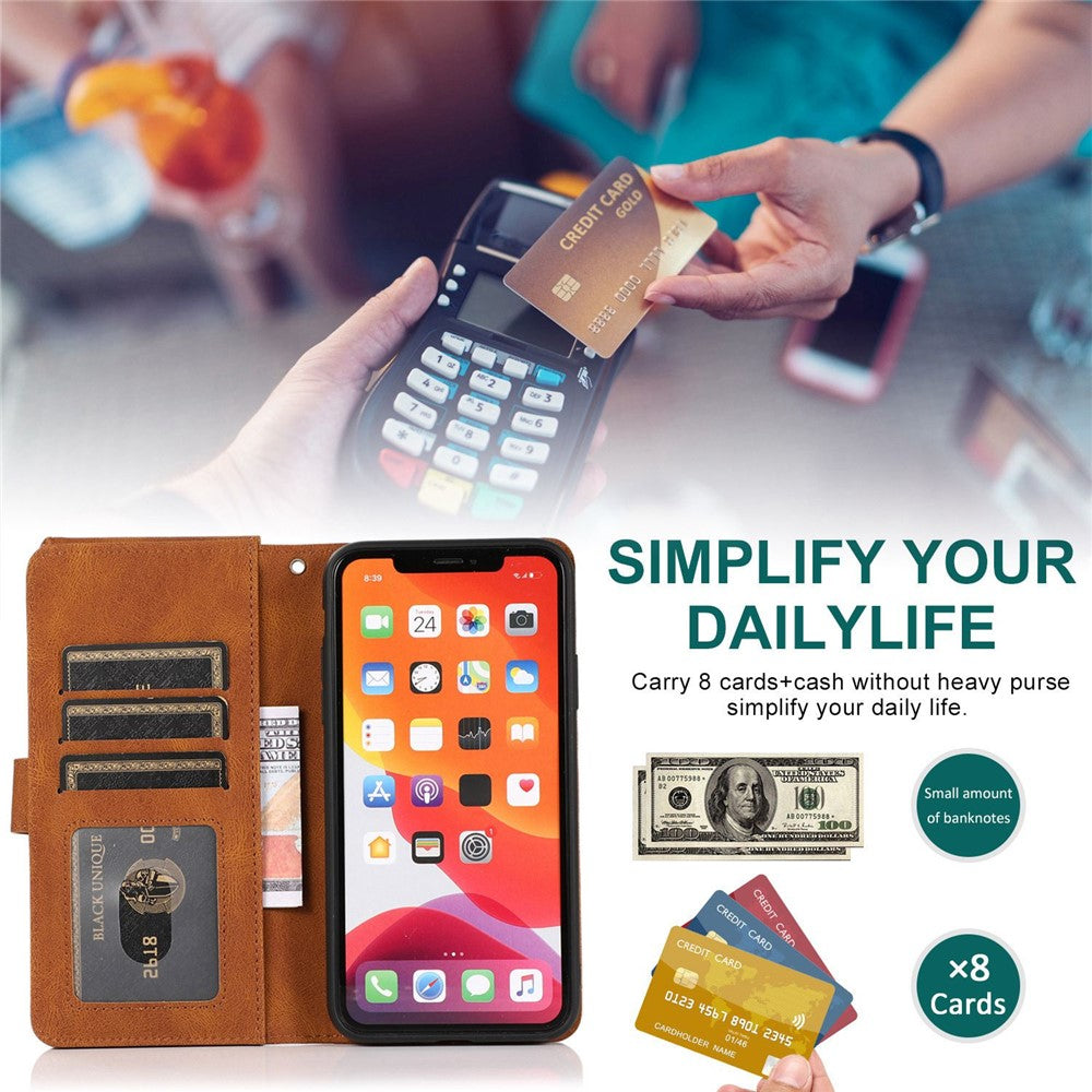 For iPhone 14 Pro Max 6.7 inch Outer Zipper Pocket Skin-touch Leather Case Wallet Stand Multiple Card Slots Phone Cover with Hand Strap