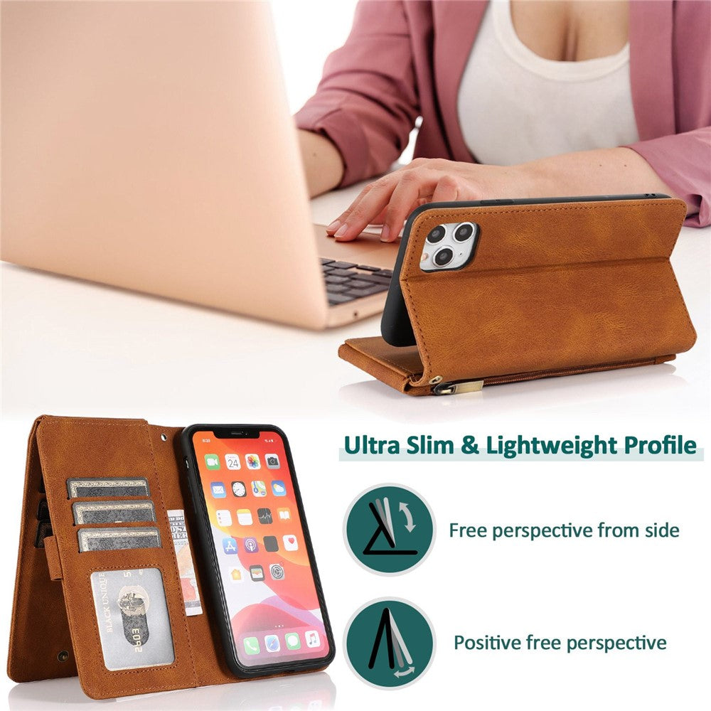 For iPhone 14 Pro Max 6.7 inch Outer Zipper Pocket Skin-touch Leather Case Wallet Stand Multiple Card Slots Phone Cover with Hand Strap