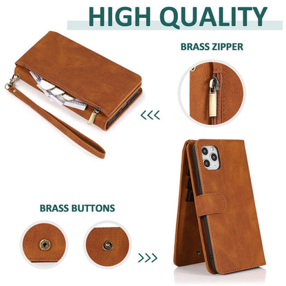 For iPhone 14 Pro Max 6.7 inch Outer Zipper Pocket Skin-touch Leather Case Wallet Stand Multiple Card Slots Phone Cover with Hand Strap