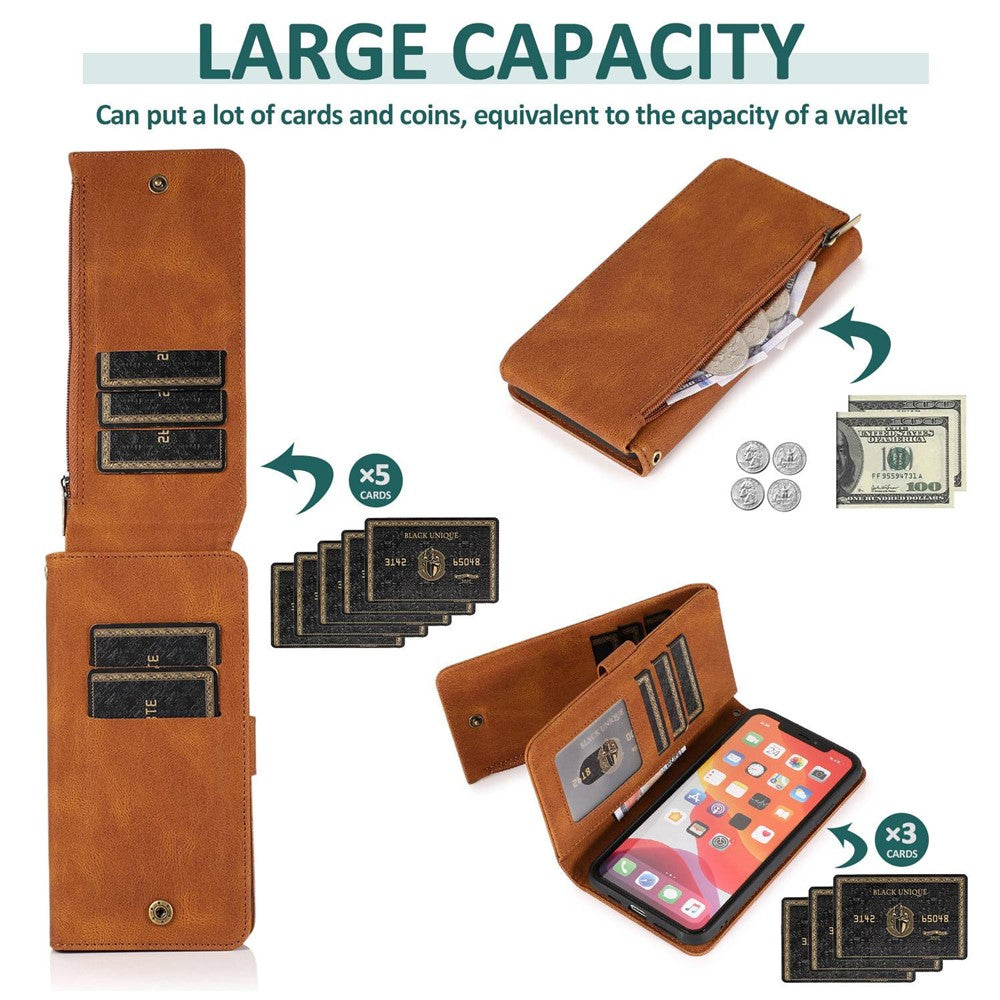 For iPhone 14 Pro Max 6.7 inch Outer Zipper Pocket Skin-touch Leather Case Wallet Stand Multiple Card Slots Phone Cover with Hand Strap