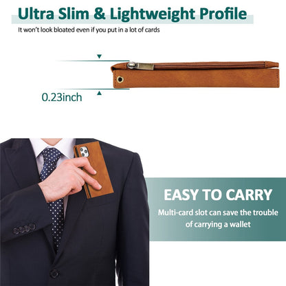 For iPhone 14 Pro Max 6.7 inch Outer Zipper Pocket Skin-touch Leather Case Wallet Stand Multiple Card Slots Phone Cover with Hand Strap