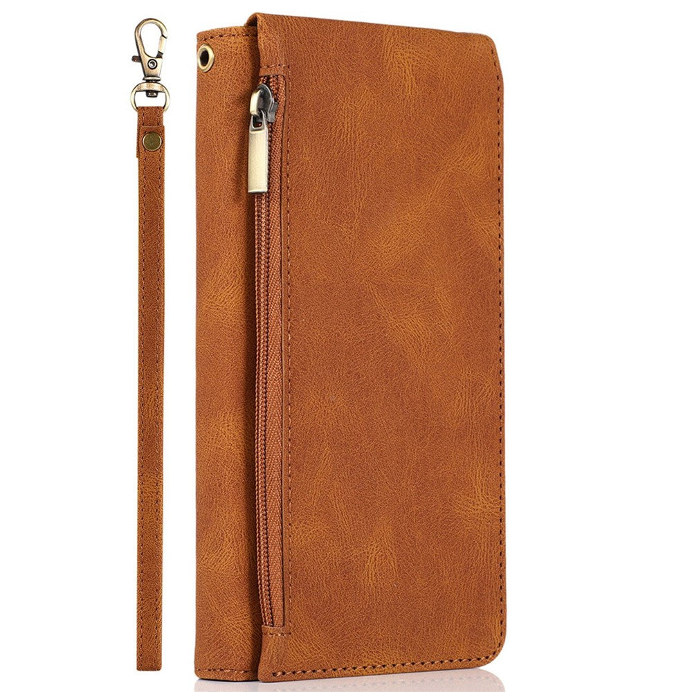 For iPhone 14 Pro Max 6.7 inch Outer Zipper Pocket Skin-touch Leather Case Wallet Stand Multiple Card Slots Phone Cover with Hand Strap