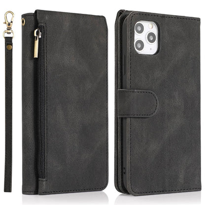 For iPhone 14 Pro Max 6.7 inch Outer Zipper Pocket Skin-touch Leather Case Wallet Stand Multiple Card Slots Phone Cover with Hand Strap